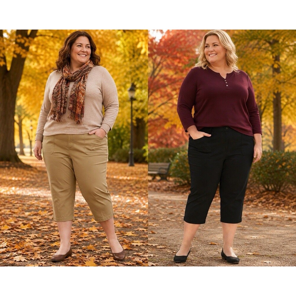 Time and Tru Capri Pants Set XXL 20 Black Tan Pull On Stretch Career Casual 2Pc